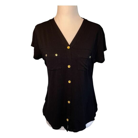Gomes Confeccoes Short Sleeve Cardigan Sweater Black Knit V-Neck M - Picture 1 of 5